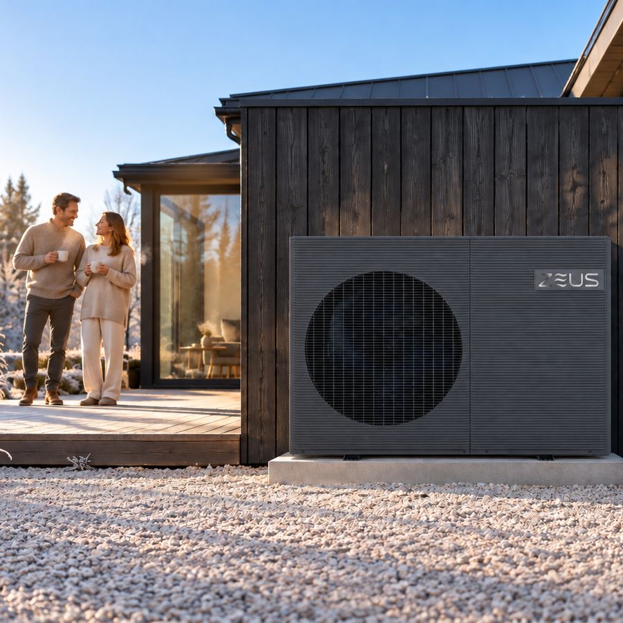 Pompă de căldură ZEUS R290 monobloc lângă o casă modernă, iarna