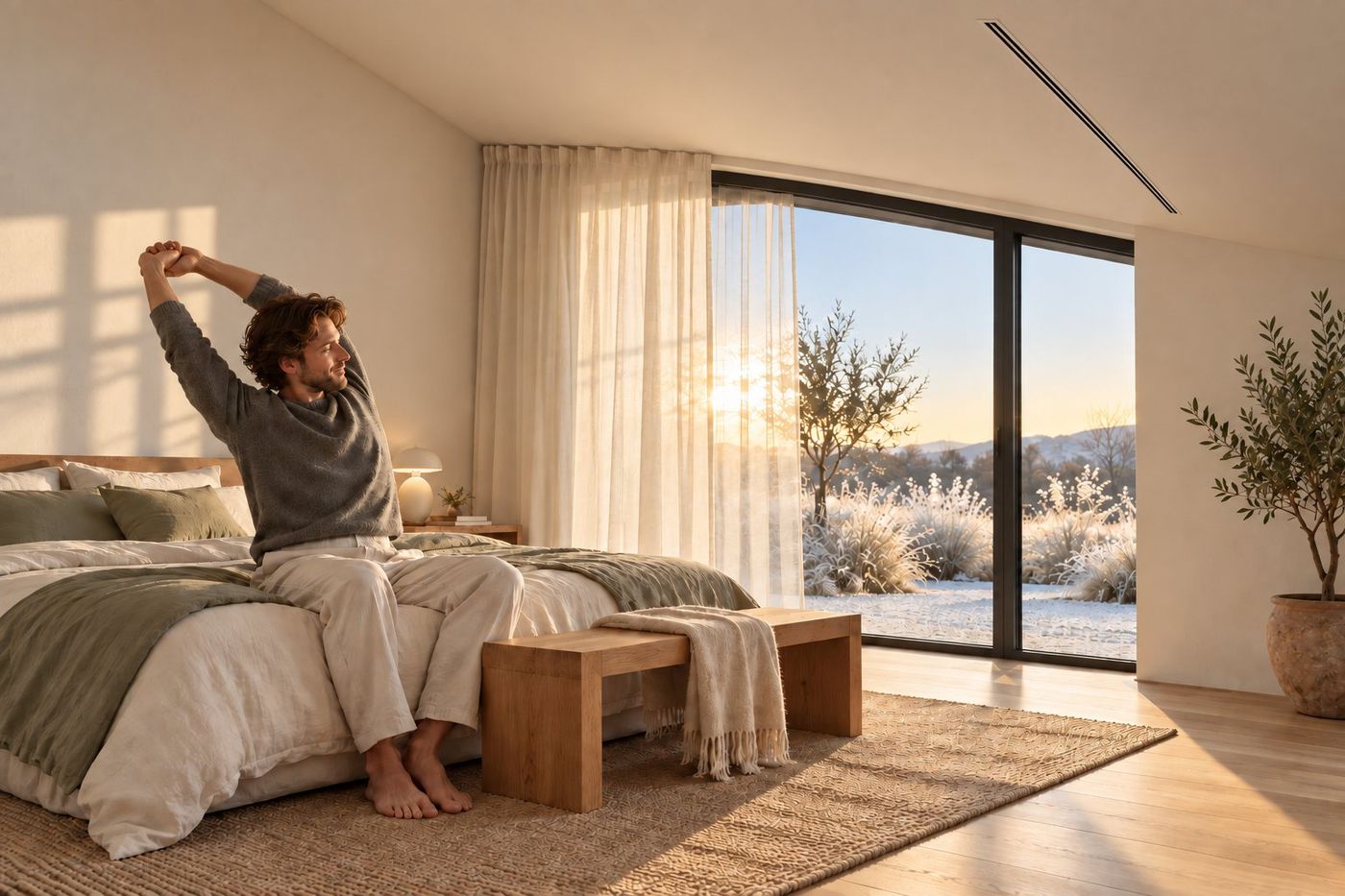 Dormitor luminos cu grilă discretă de ventilare cu recuperare de căldură