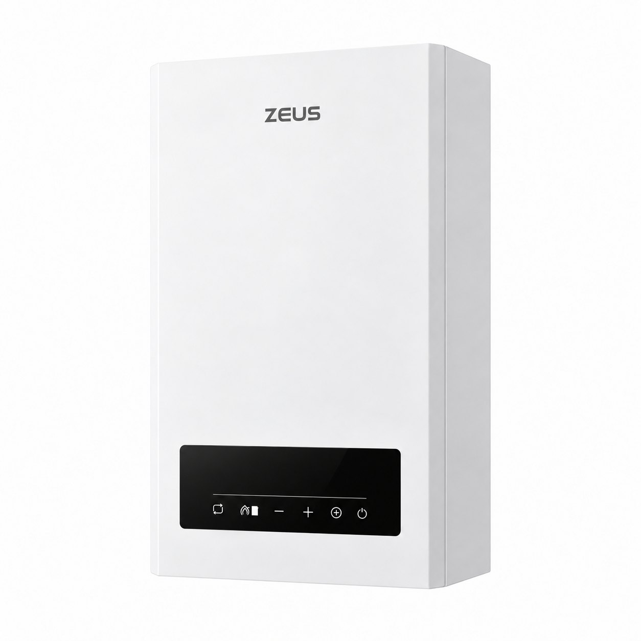 Котёл ZEUS ECO HOME 24 кВт, вид в три четверти, чёрная сенсорная панель