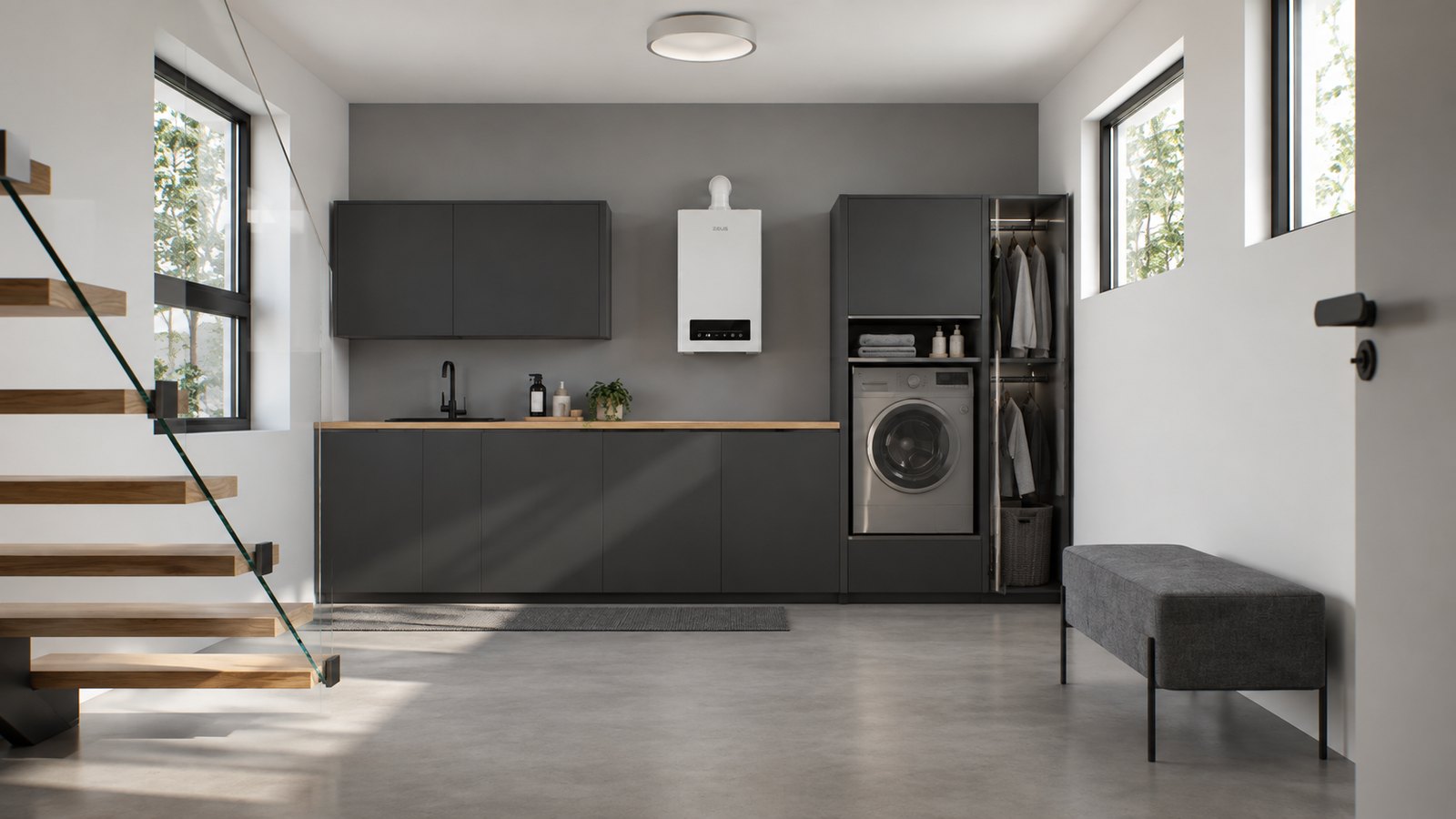 Котёл ZEUS ECO HOME 24 кВт на стене, виден коаксиальный дымоход