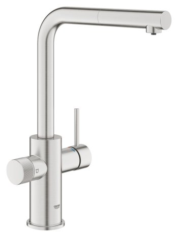 Baterie de bucătărie GROHE Blue Pure Minta, cu funcție de filtrare a apei, pipă înaltă în L, duș extractibil, SuperSteel (oțel inox mat)