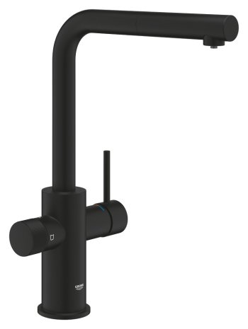 Baterie de bucătărie GROHE Blue Pure Minta, cu funcție de filtrare a apei, pipă înaltă în L, duș extractibil, negru mat (Phantom Black)