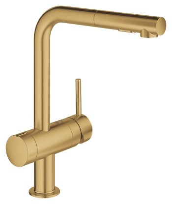 Baterie de bucătărie GROHE Minta, pipă înaltă în L, duș extractibil, cu ventil pentru mașina de spălat vase, Brushed Cool Sunrise (auriu periat)