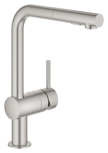 Baterie de bucătărie GROHE Minta 30274DC0, pipă înaltă în L, duș extractibil, SuperSteel (oțel inox mat)