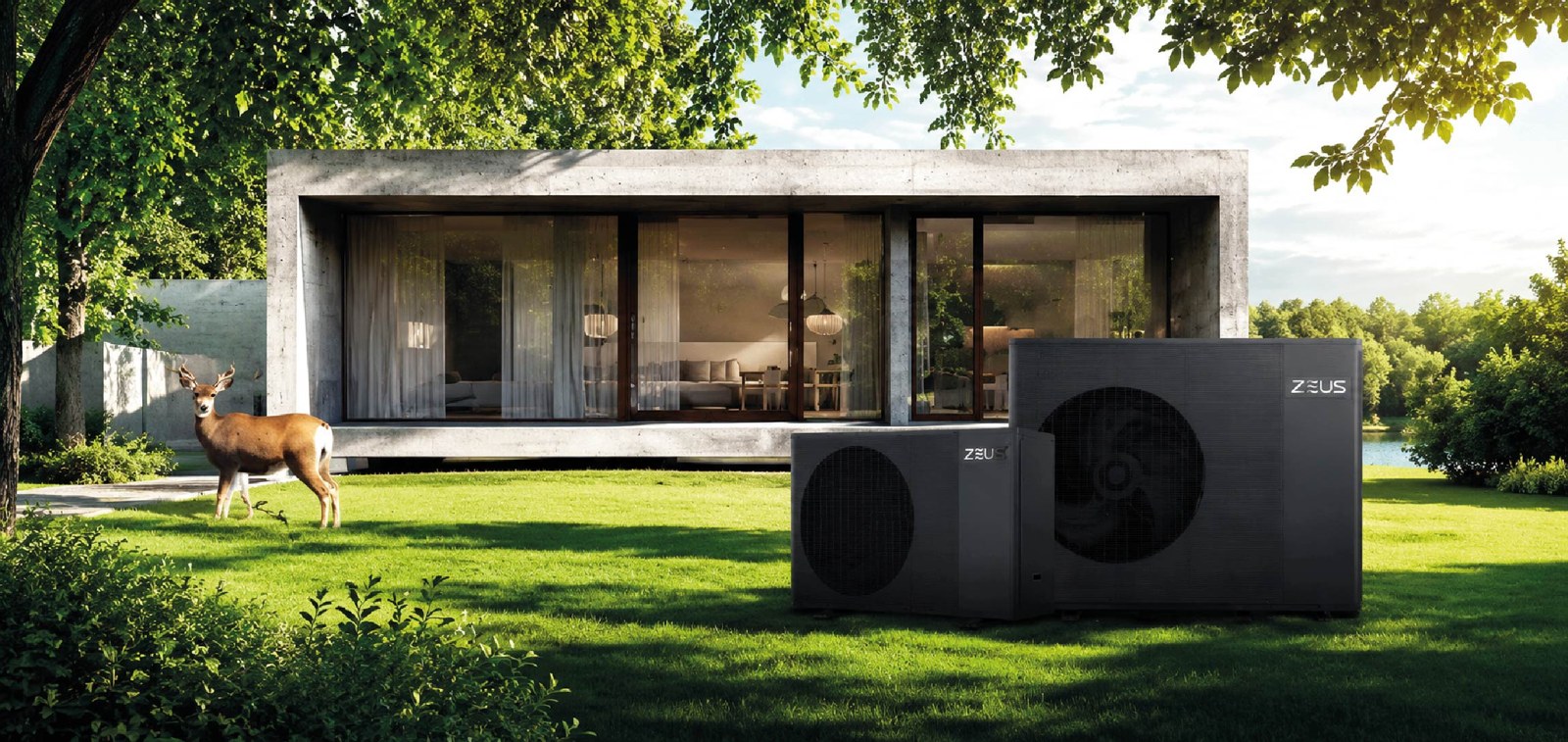 Pompe de căldură ZEUS R290 în fața unei case, în natură