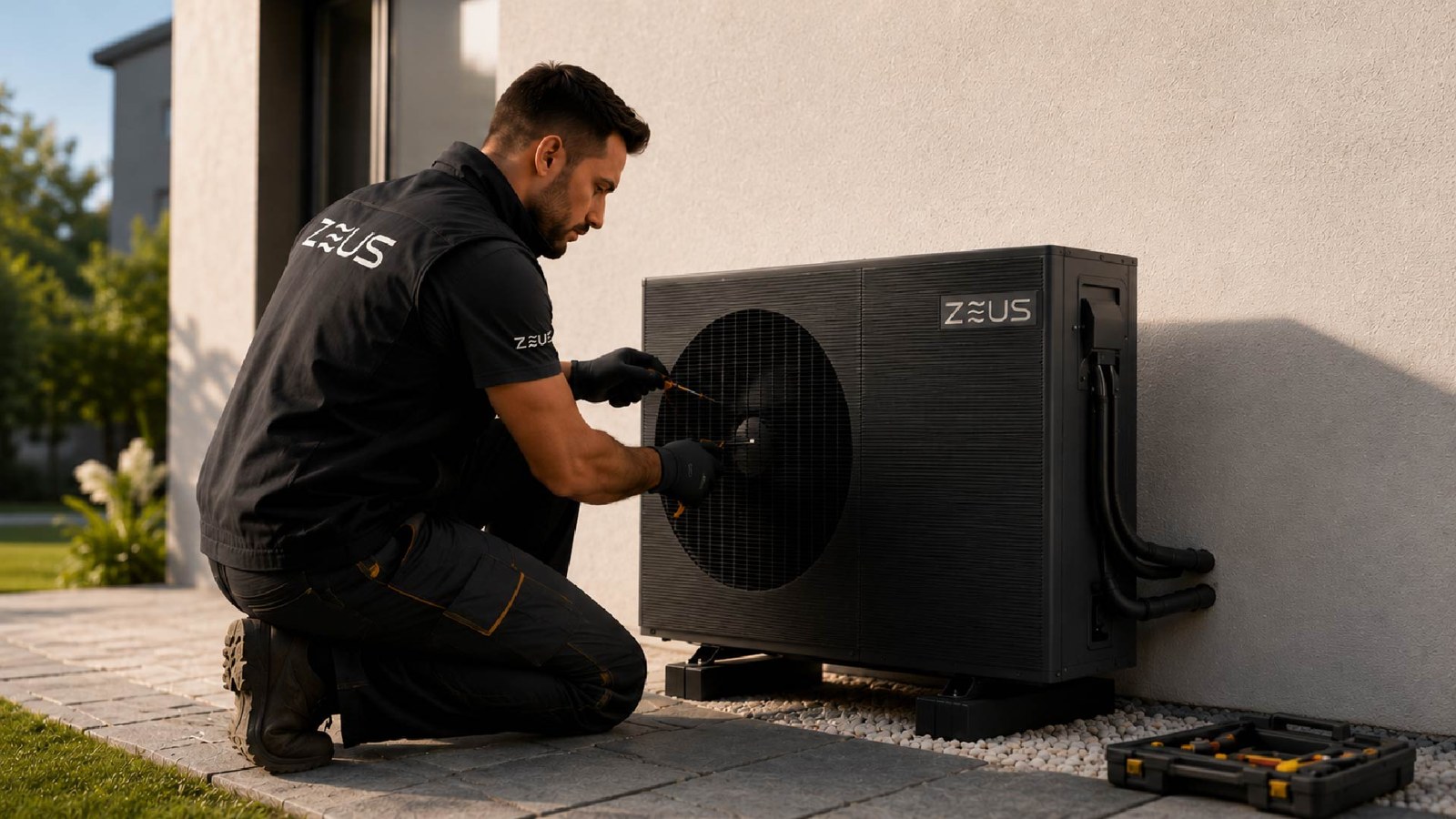 Instalator care montează o pompă de căldură ZEUS R290